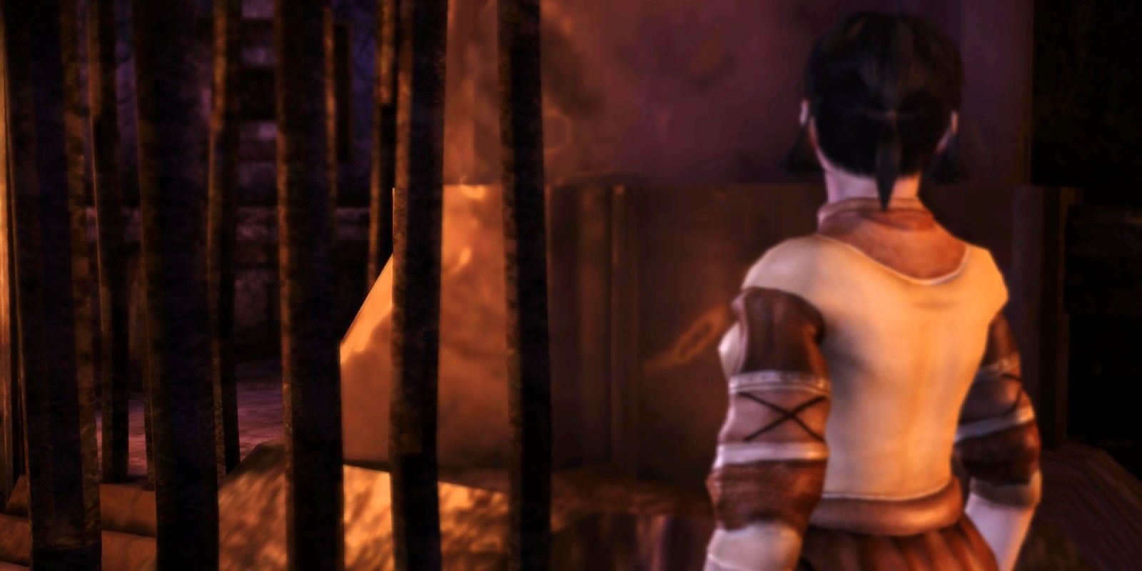 Brosca behind bars in the Dwarf Commoner origin in Dragon Age: Origins