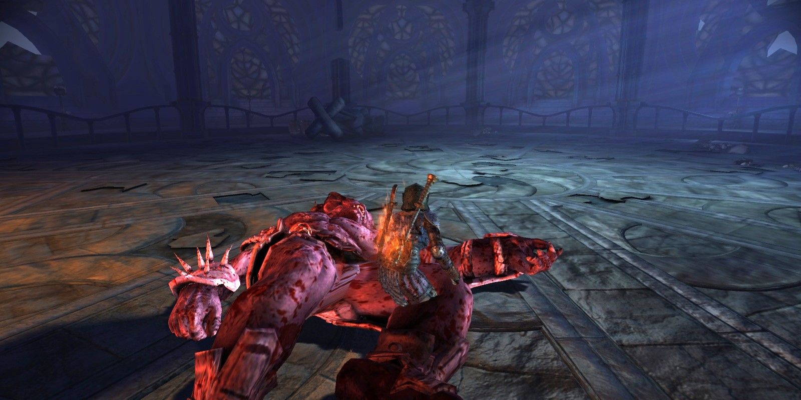 Brosca defeats an ogre in the Tower of Ishal in Dragon Age: Origins
