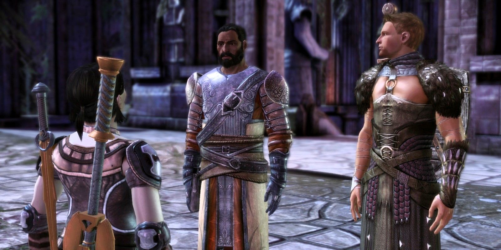 Brosca Warden talks with Duncan and Alistair at Ostagar in Dragon Age: Origins