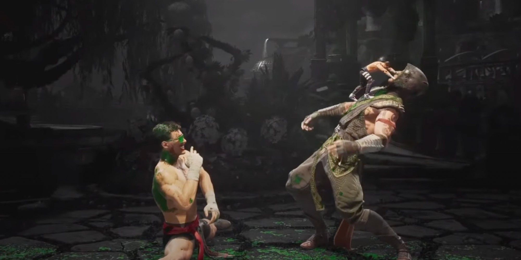 Johnny cage sitting down as an action figure attacks the enemy