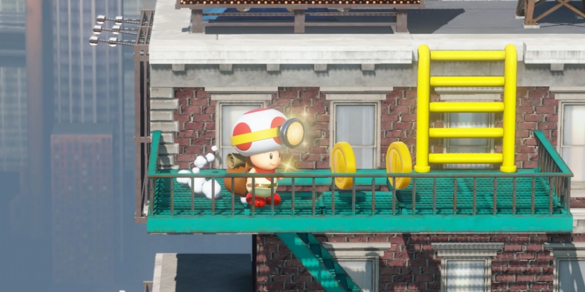 Captain Toad on a balcony in New Donk City