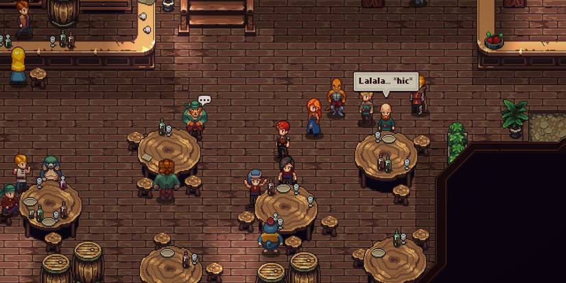 A bar in Chained Echoes with people around wooden tables. One man says "Lalala.. *hic*"