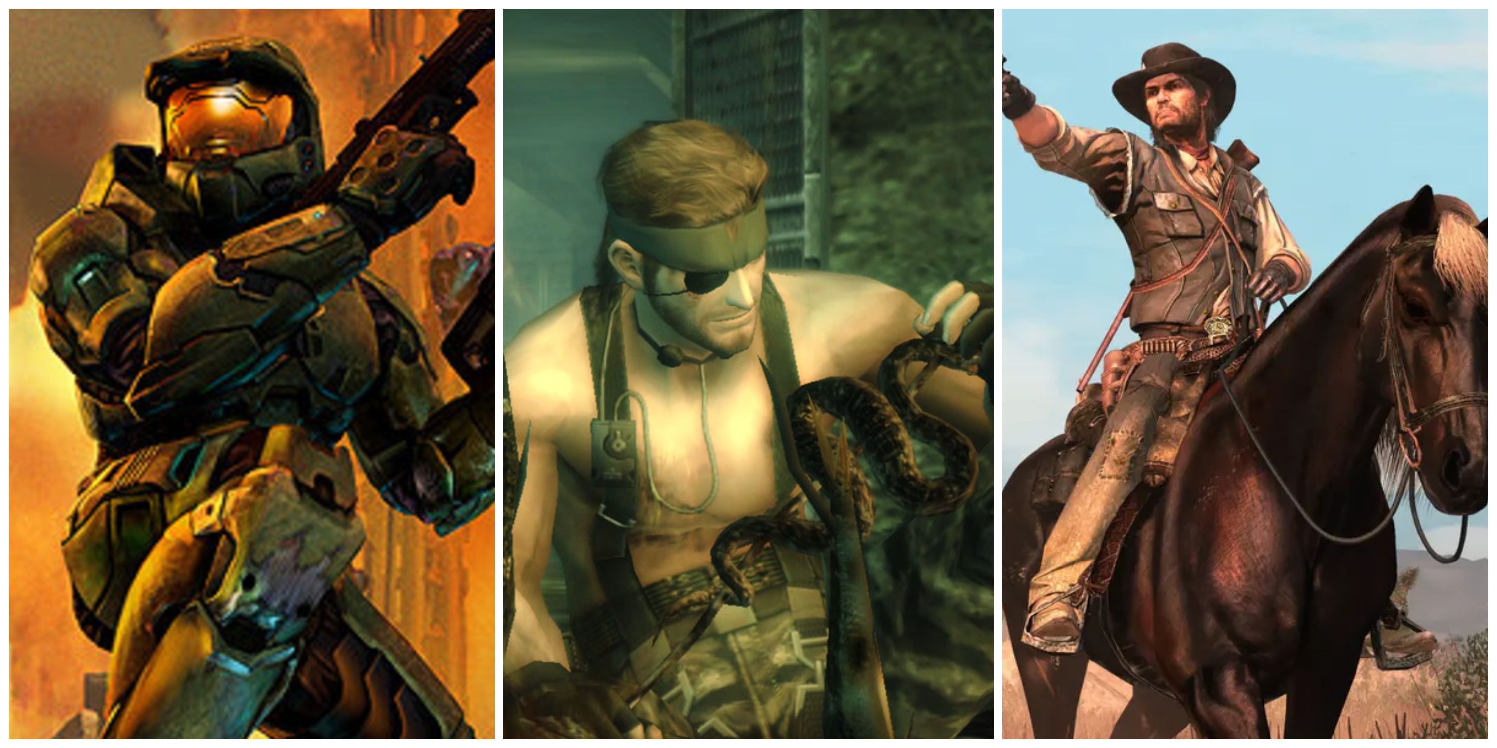 halo 2 master chief, naked snake in metal gear solid 3, john marston war horse red dead redemption