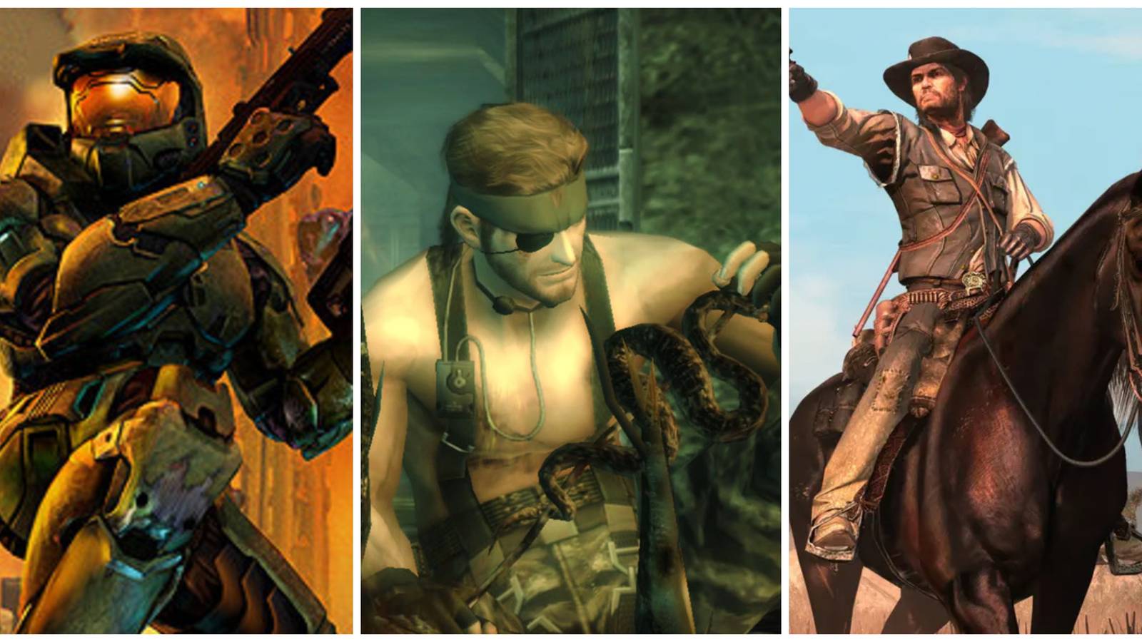 halo 2 master chief, naked snake in metal gear solid 3, john marston war horse red dead redemption