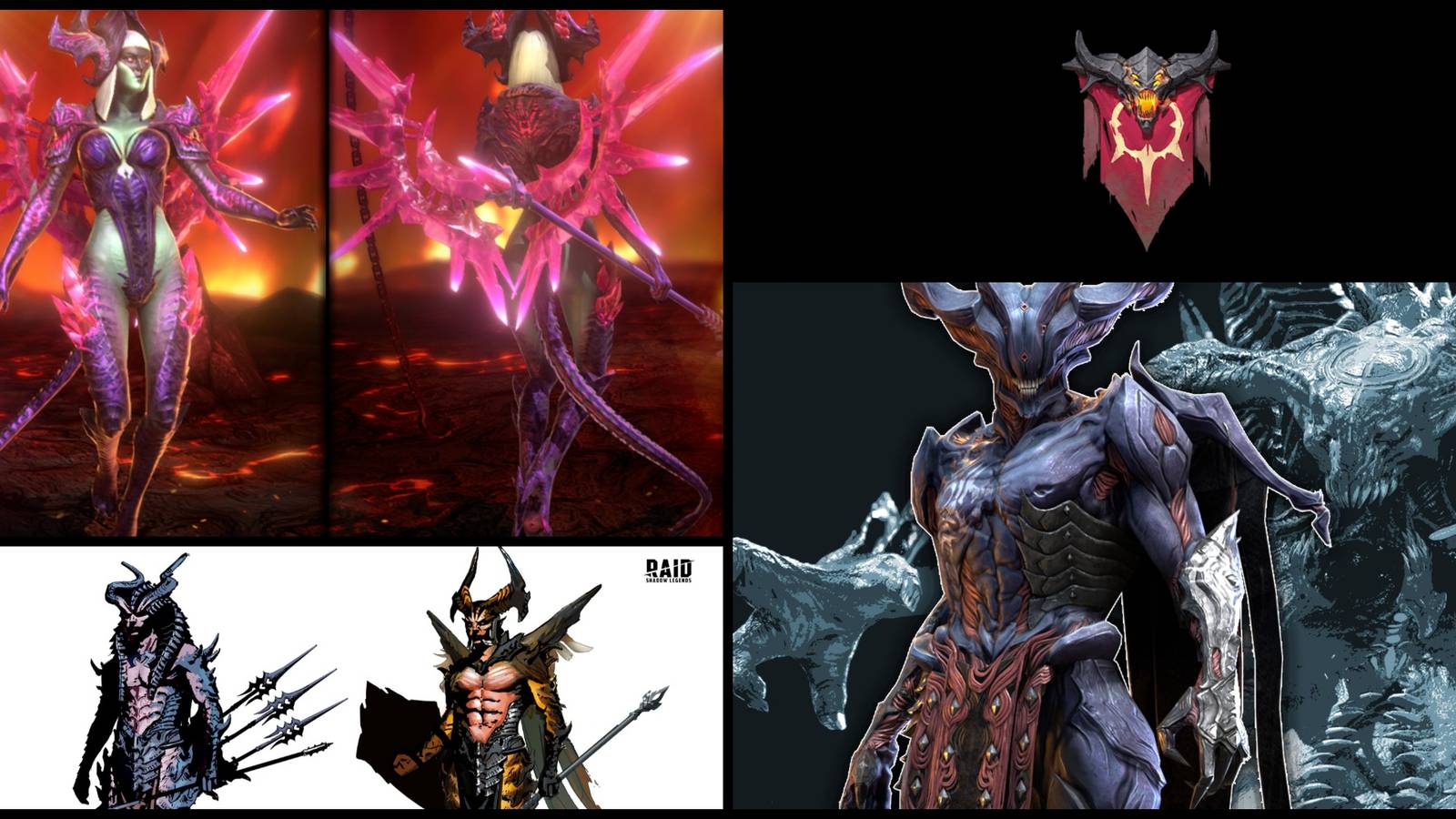 Demonspawn champions Duchess Lilitu, Helicath, and others surround the faction banner.