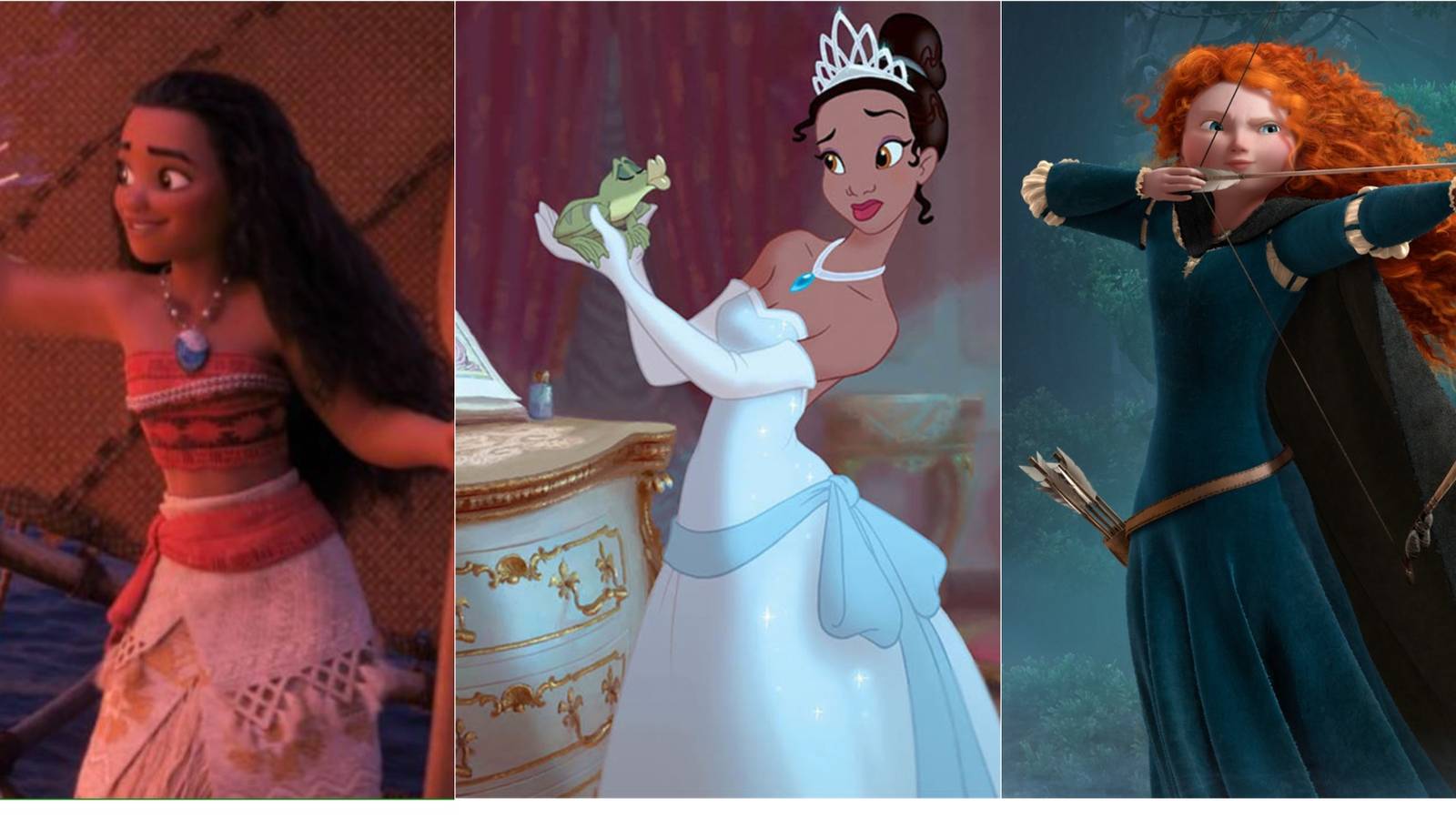 A feature image of Moana, Princess Tiana, to Princess Merida