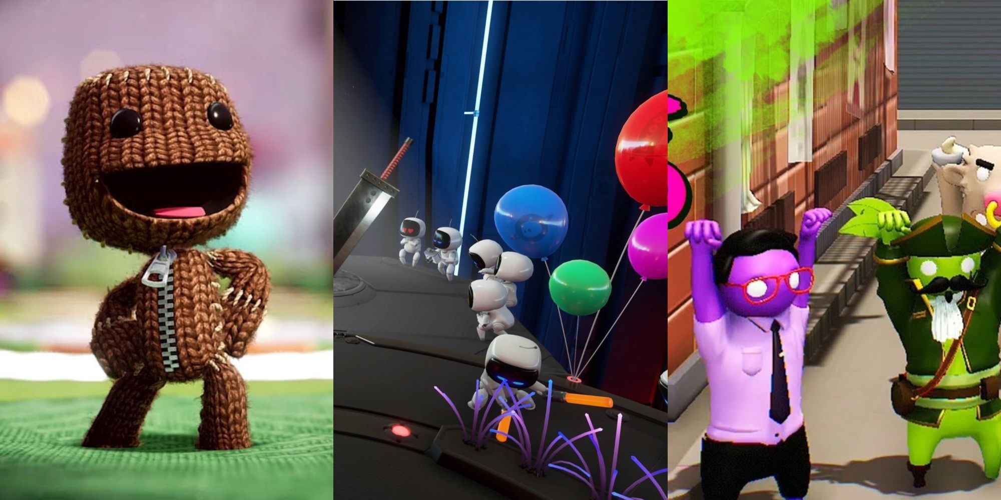 A feature image of chracters from Sackboy: A Big Adventure, Astro's Playroom, and Gangbeasts