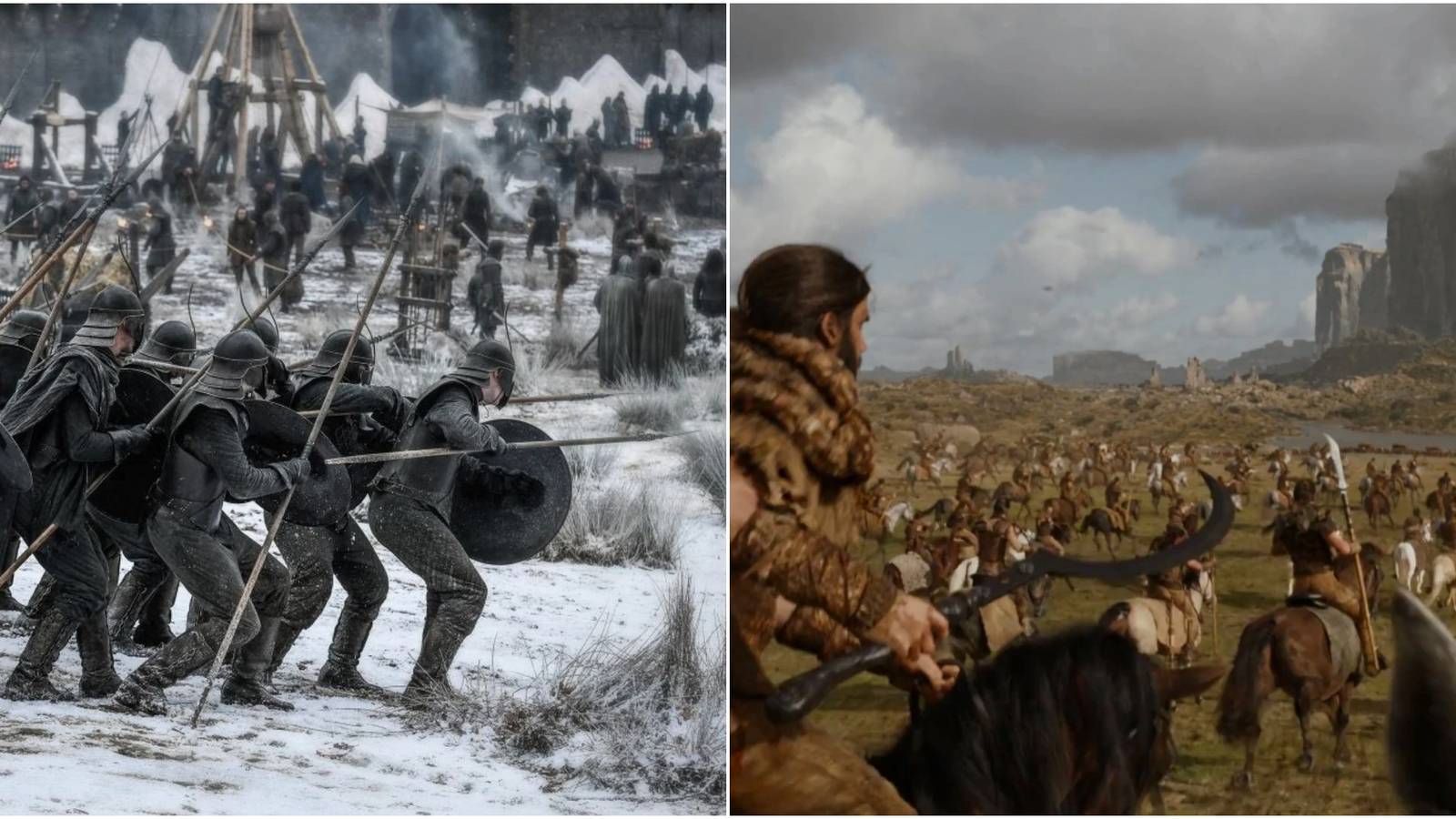 Split image of the Unsullied army And the Dothraki in Game of Thrones.
