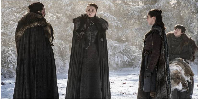 Jon Snow Sansa Stark Arya Stark and Bran in Game of Thrones.