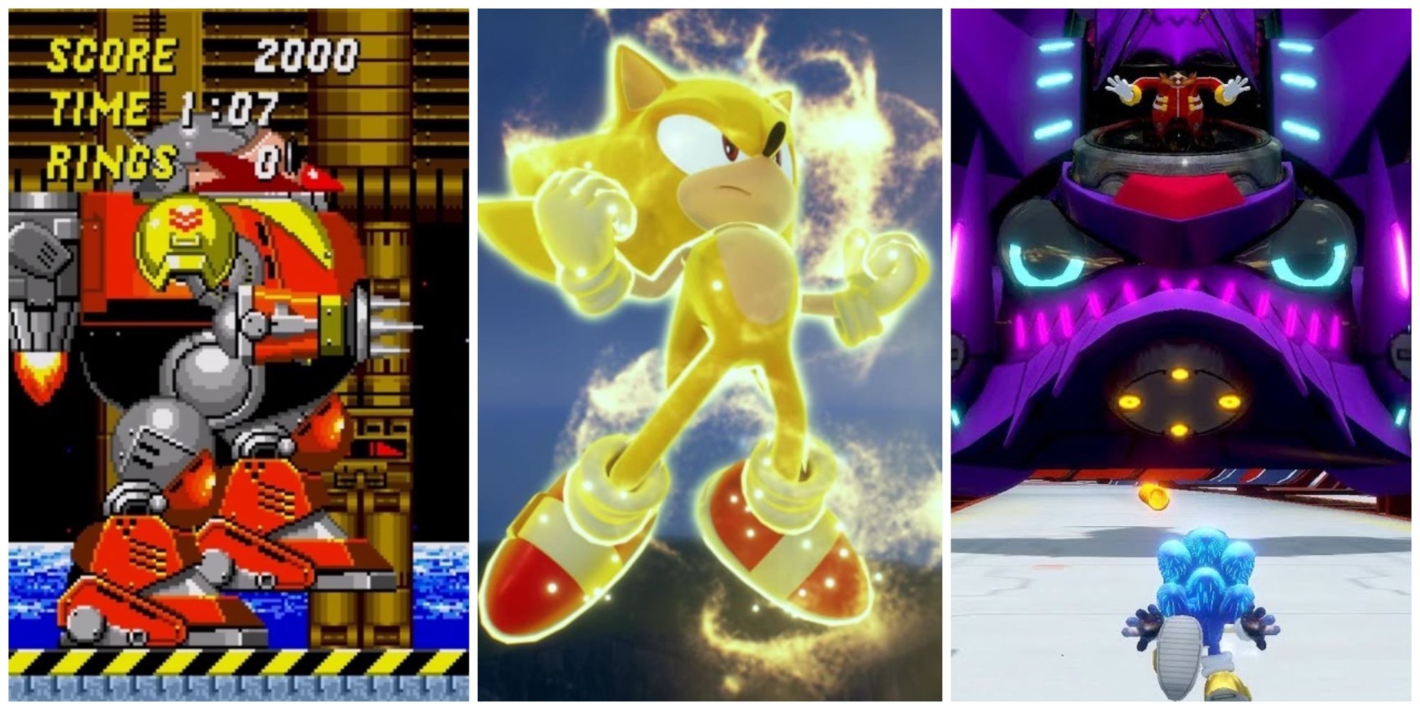 Sonic in his Super Form side by side with a Classic and Modern-era boss fight