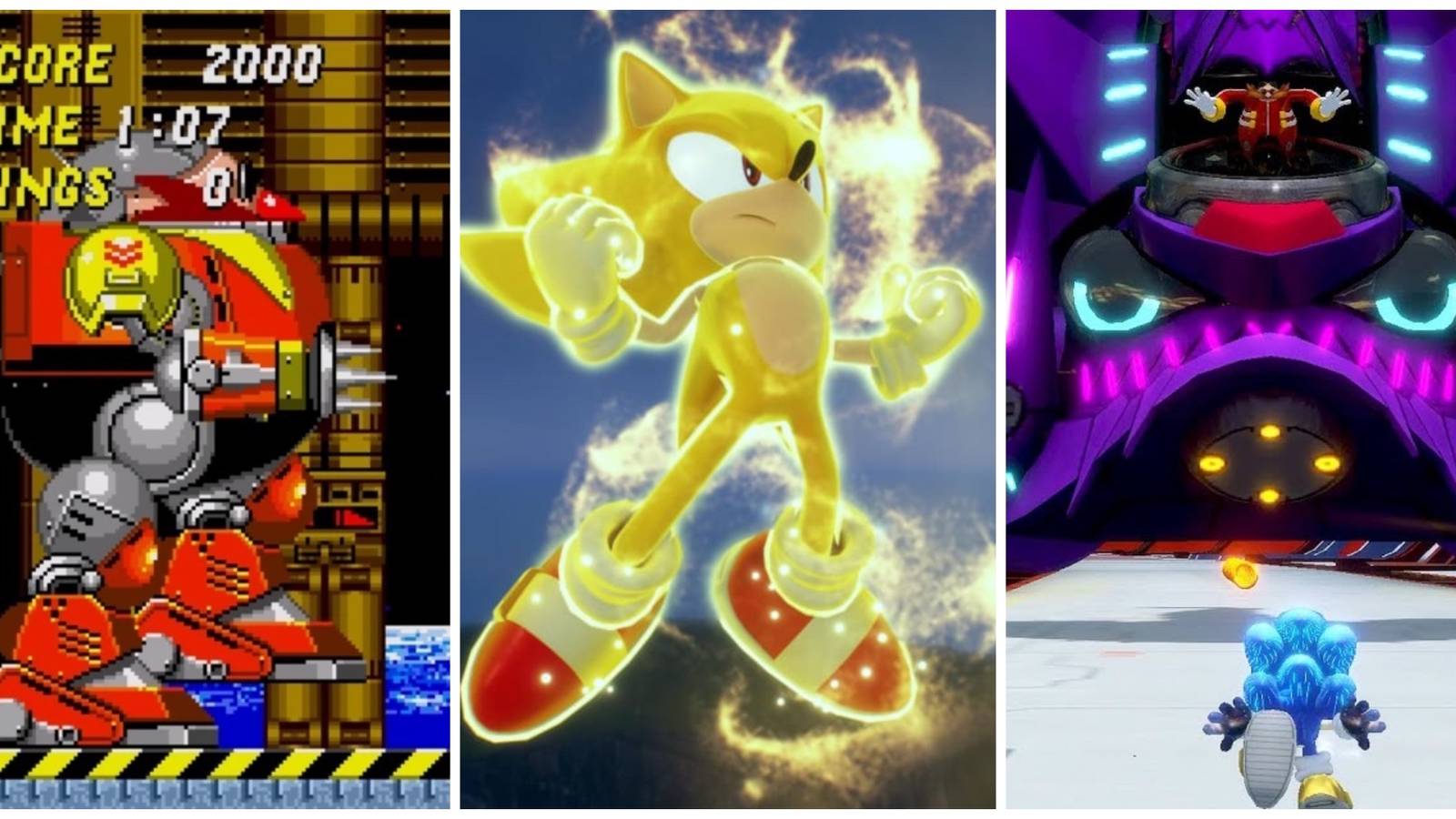 Sonic in his Super Form side by side with a Classic and Modern-era boss fight