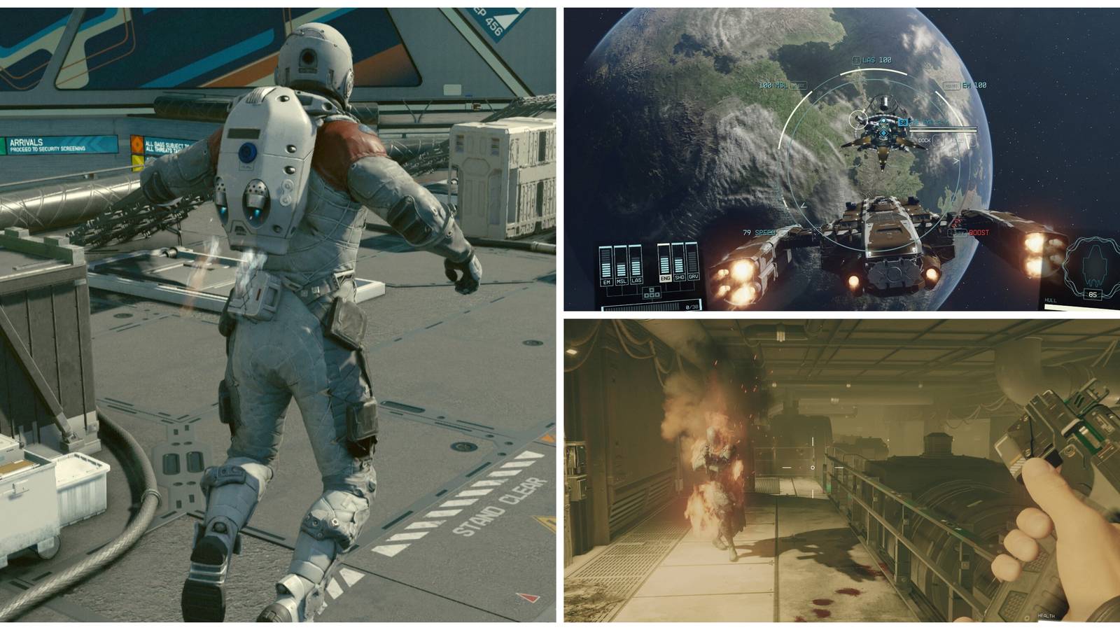 starfield player using boostpack, flying through space and shooting enemies