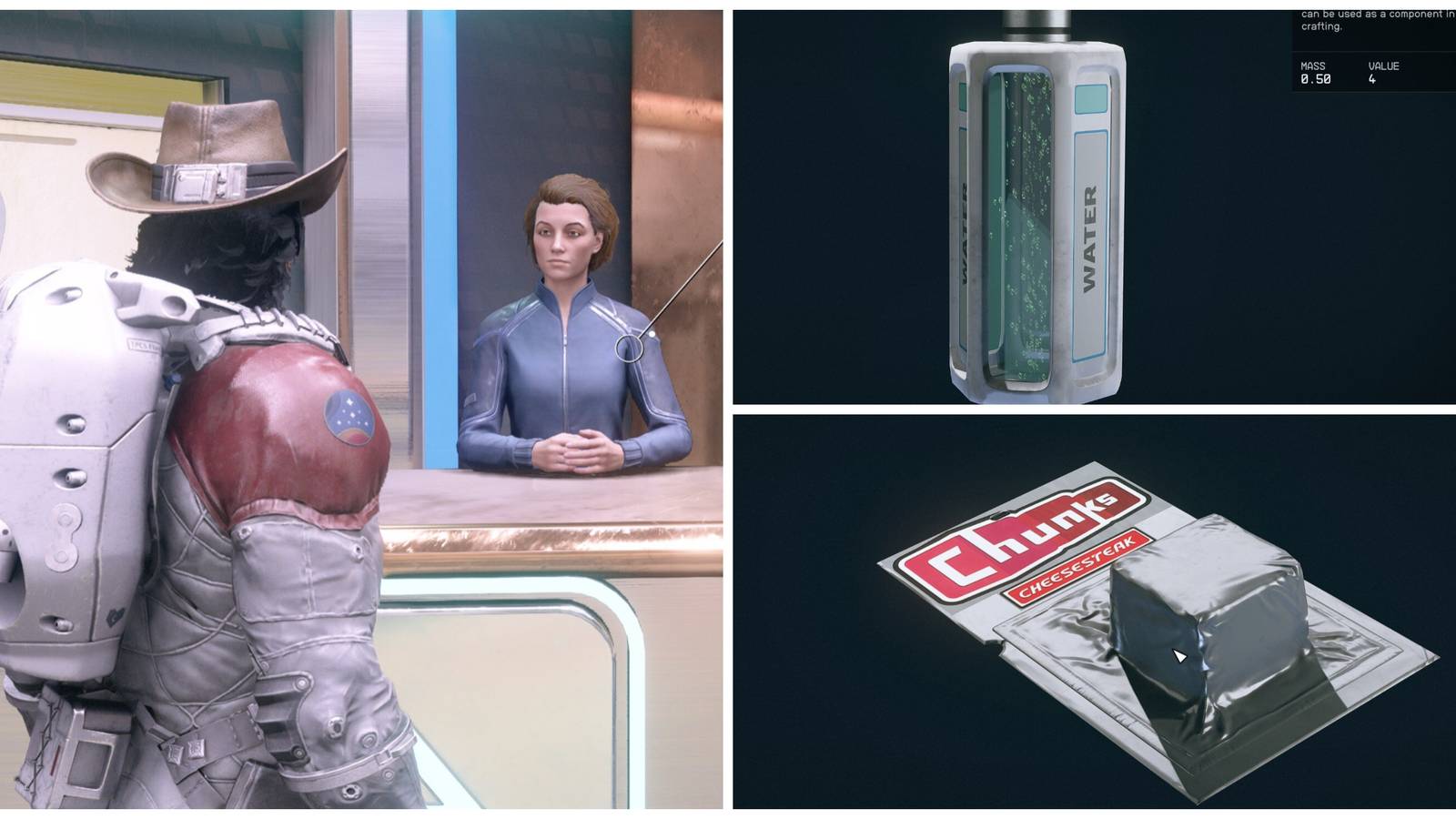 starfield player at a vendor, selling food and water