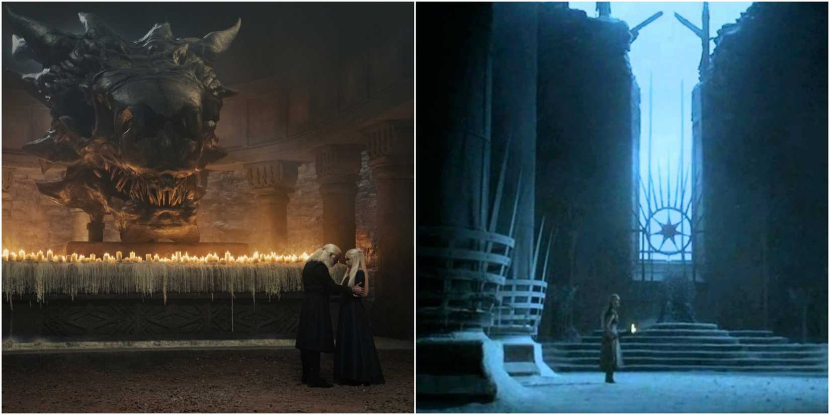 Split image of Viserys And Rhaenyra in House of the Dragon and Daenerys Targaryen's visions in Game of Thrones.