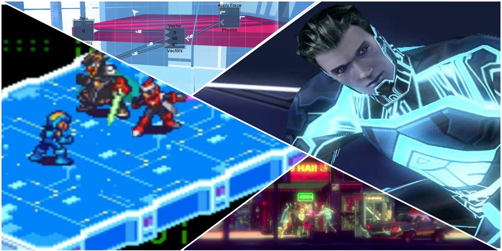Left: Mega Man battling two foes. Top-left: A node-based interface against a red platform. Right: Jet Bradley in a neon-blue uniform. Bottom-right: A neon city street.