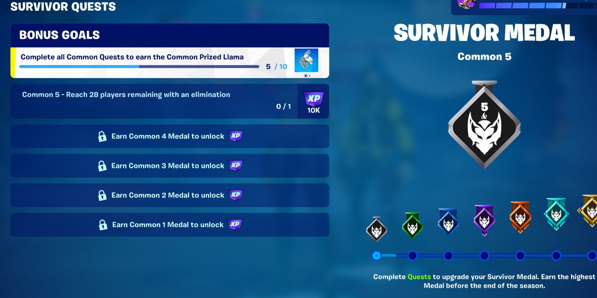 screen displaying all available survivor quests