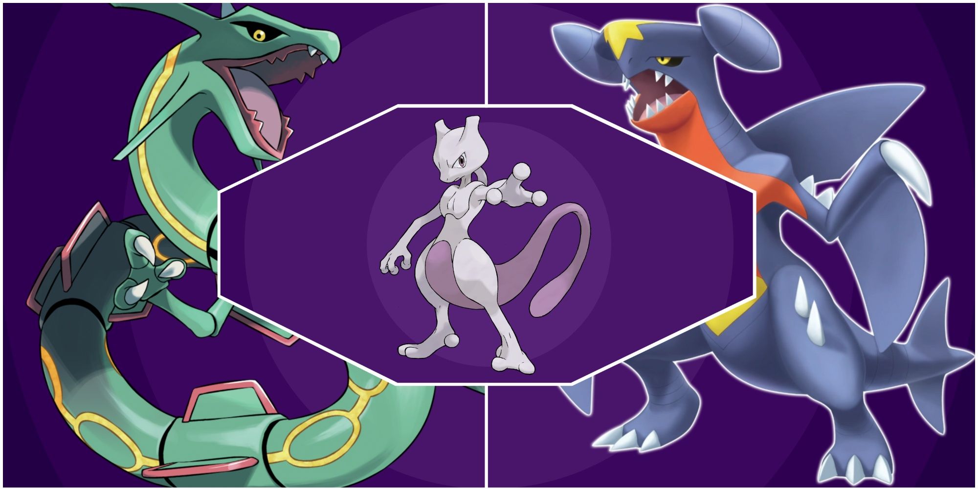 Mewtwo, Rayquaza, and Garchomp in a collage