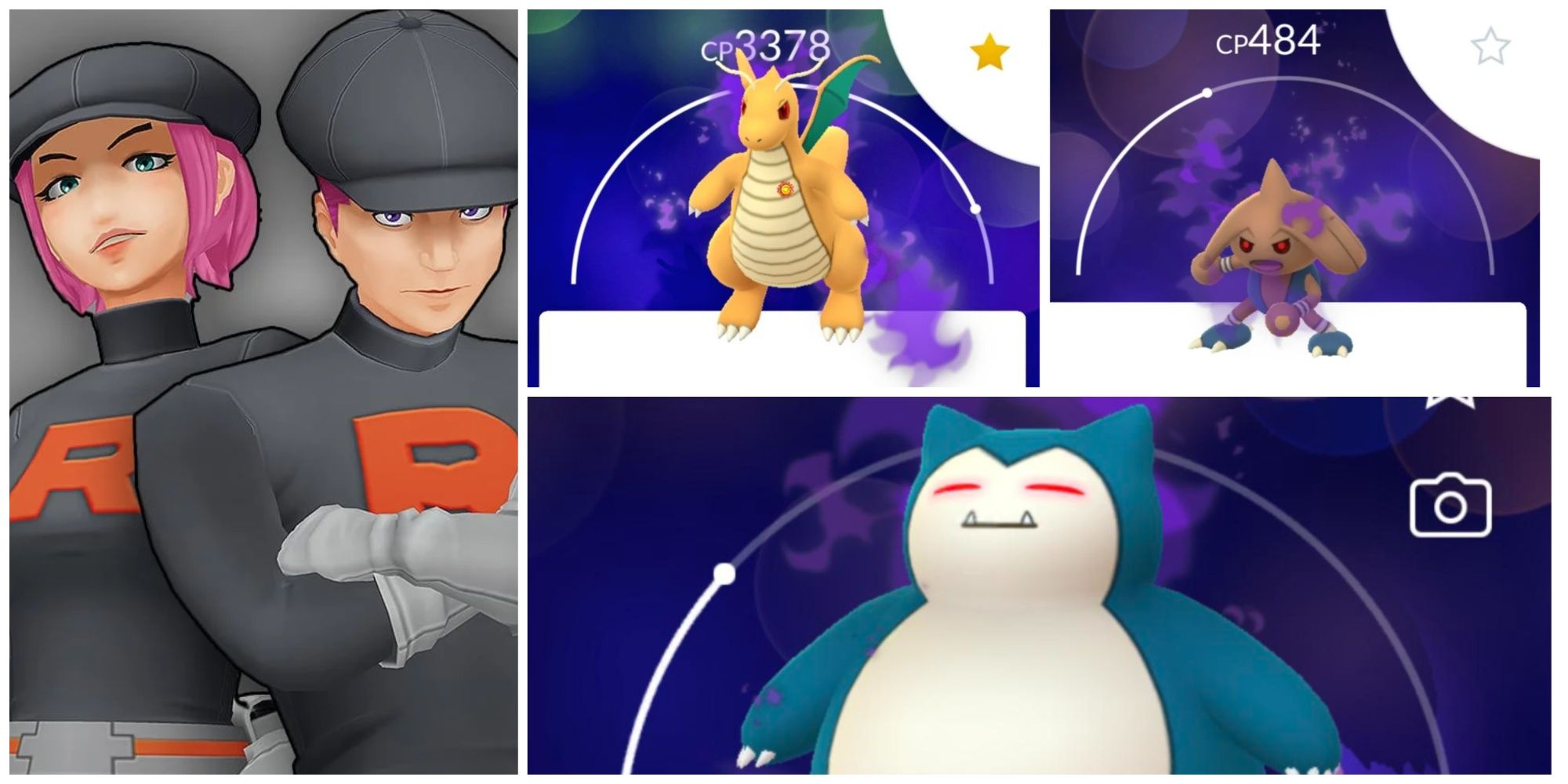 Two Team Rocket Grunts stand menacingly with Shadow versions of Dragonite, Hitmontop, and Snorlax