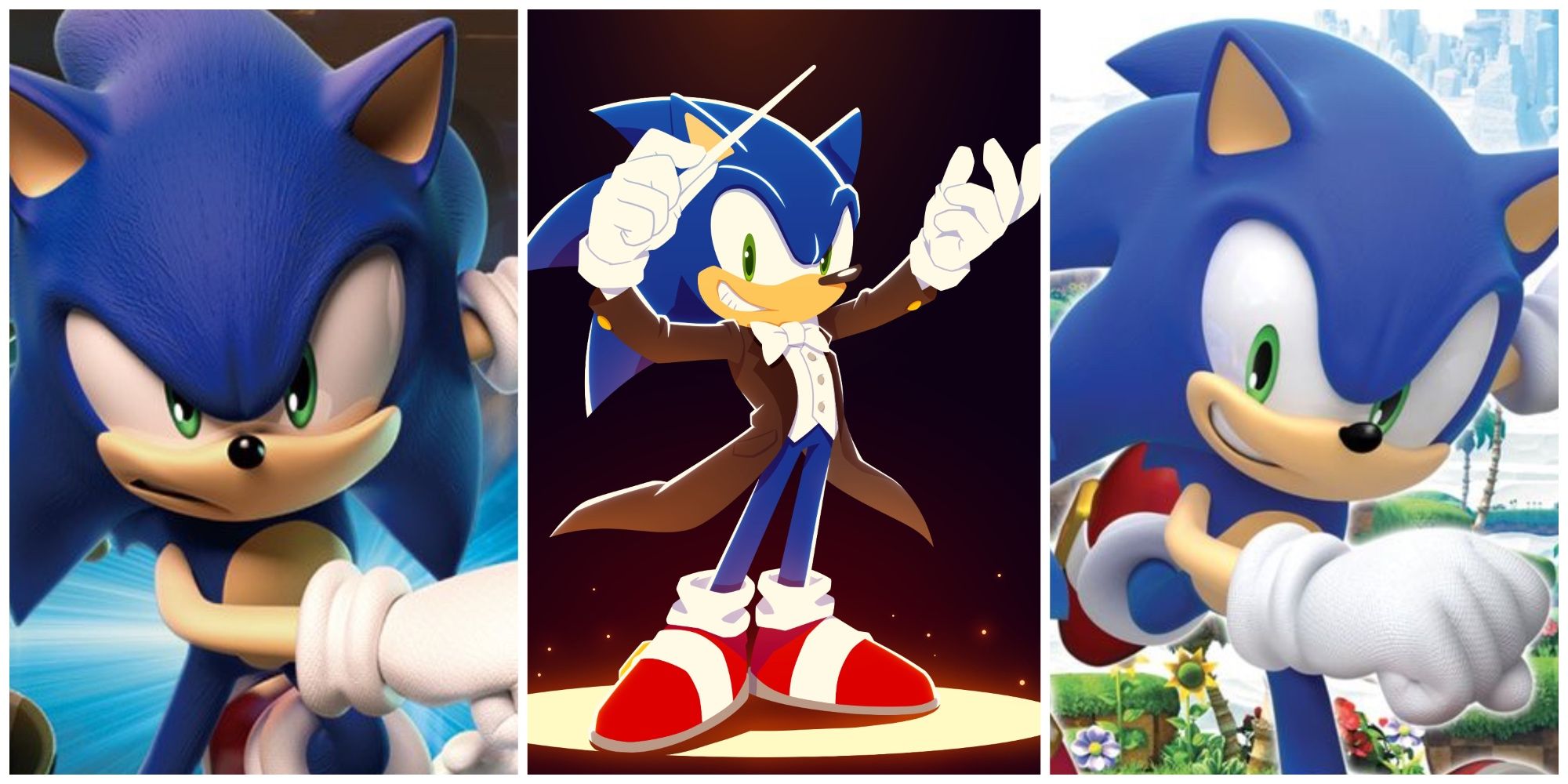 3 pictures of Sonic the Hedgehog from different games and promotional material