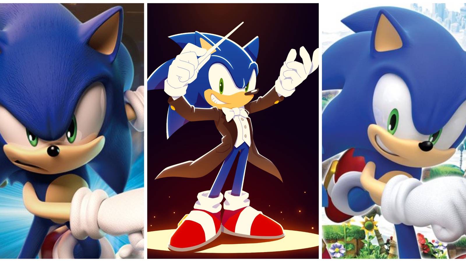 3 pictures of Sonic the Hedgehog from different games and promotional material