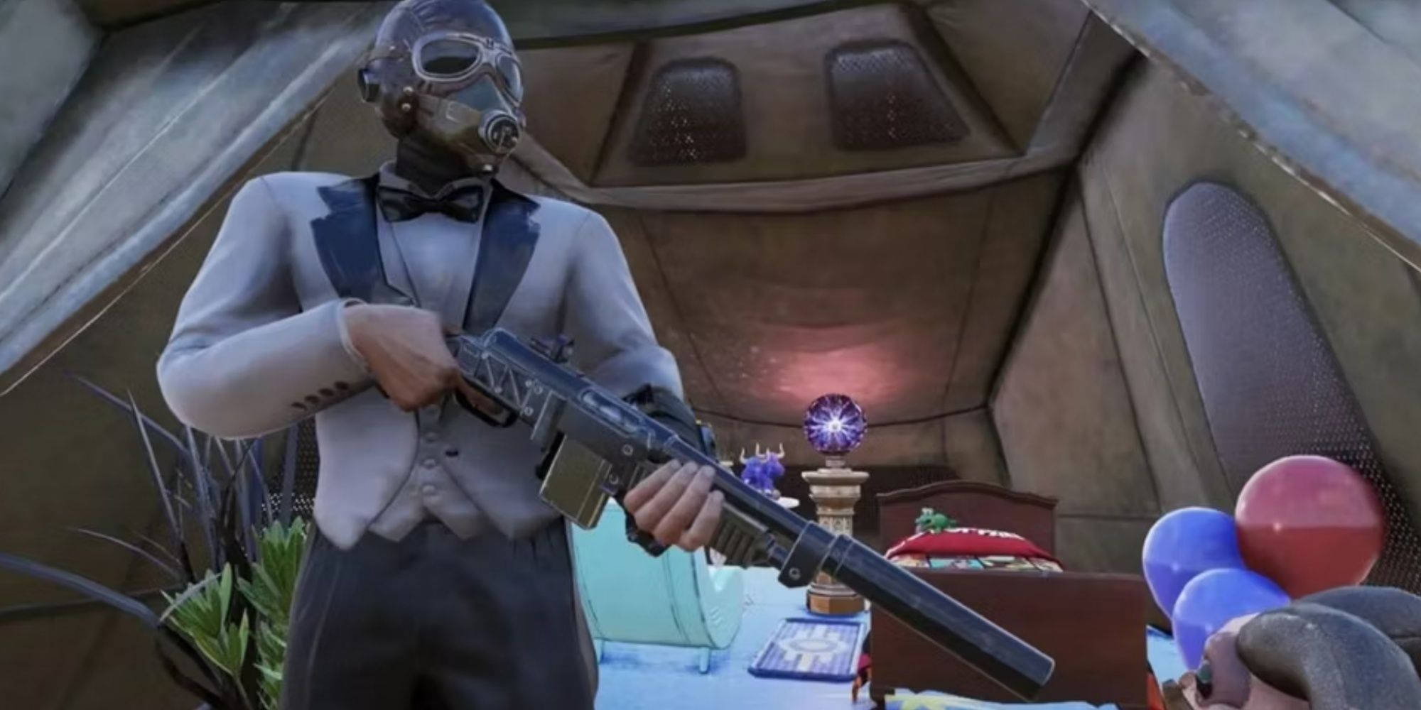 Personaje de Fallout 76 con arma automática.