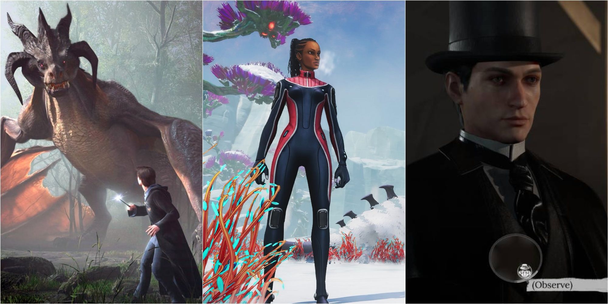 A Feature Image of Hogwarts Legacy, Subnautica: Below Zero, and Sherlock Holmes: The Awakened