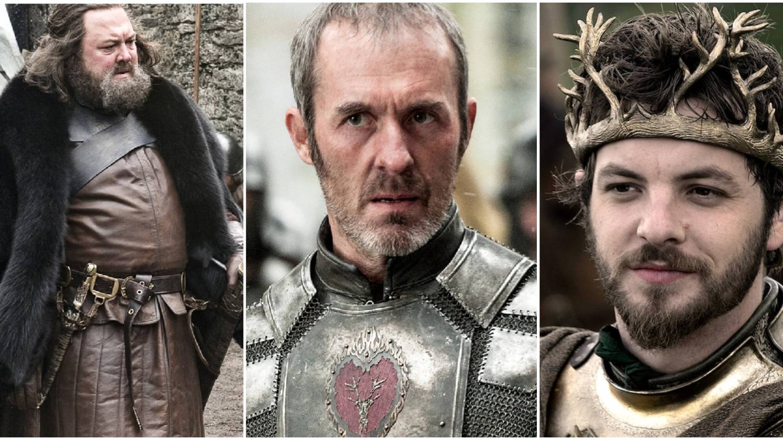Images showing Robert, Stannis, and Renly Baratheon in Game of Thrones. 