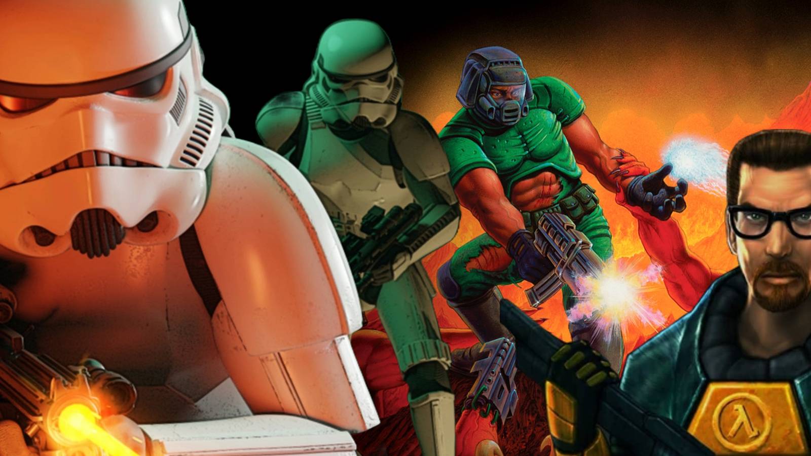 Oldest FPS Games (Featured Image) - Star Wars: Dark Forces + DOOM '93 + Half-Life