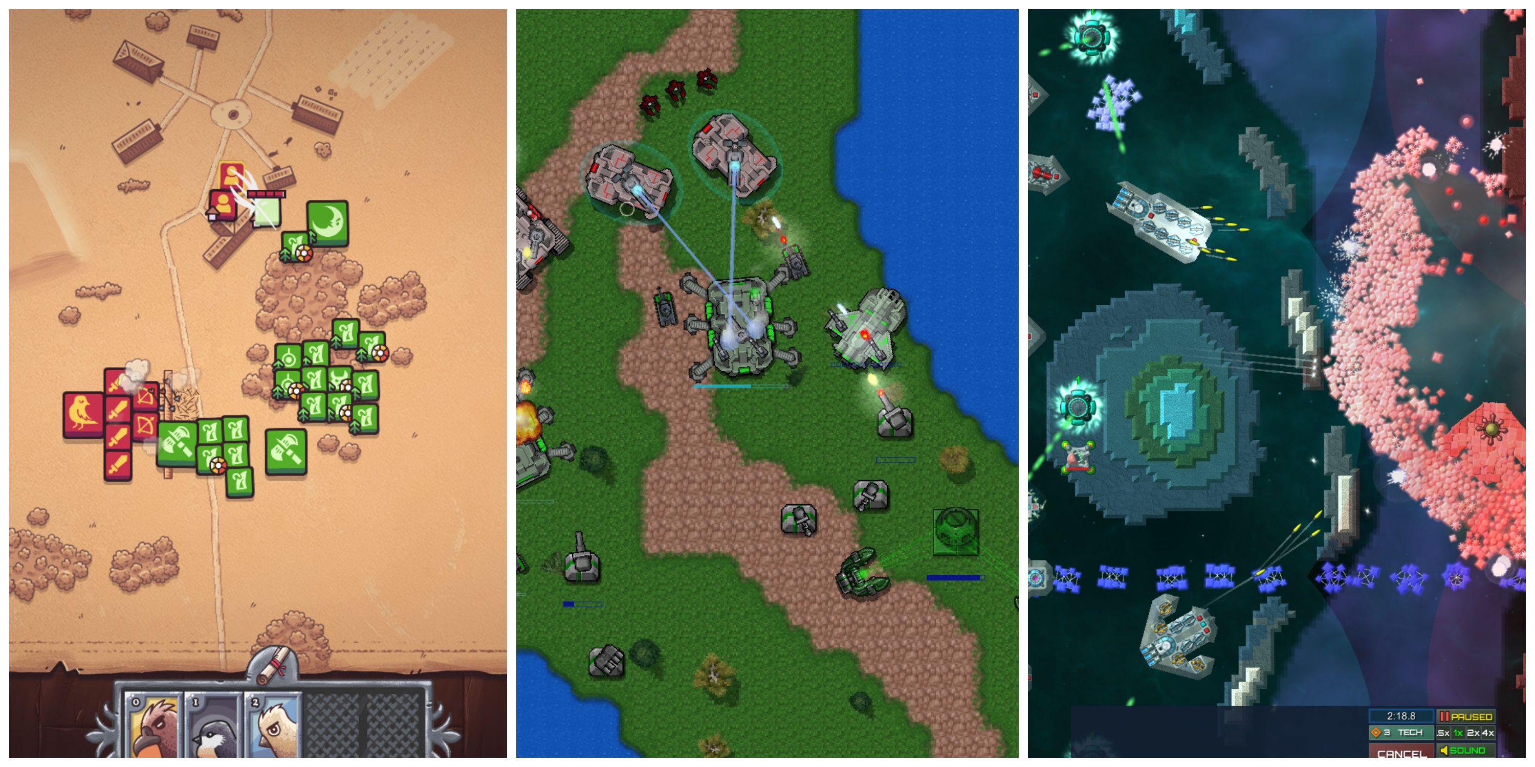 Best Top-Down RTS Games, Ranked (Featured Image) - Winter Falling + Rusted Warfare + Particle Fleet: Emergence