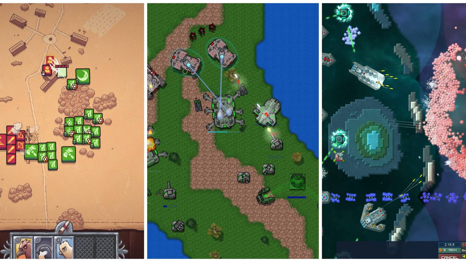Best Top-Down RTS Games, Ranked (Featured Image) - Winter Falling + Rusted Warfare + Particle Fleet: Emergence