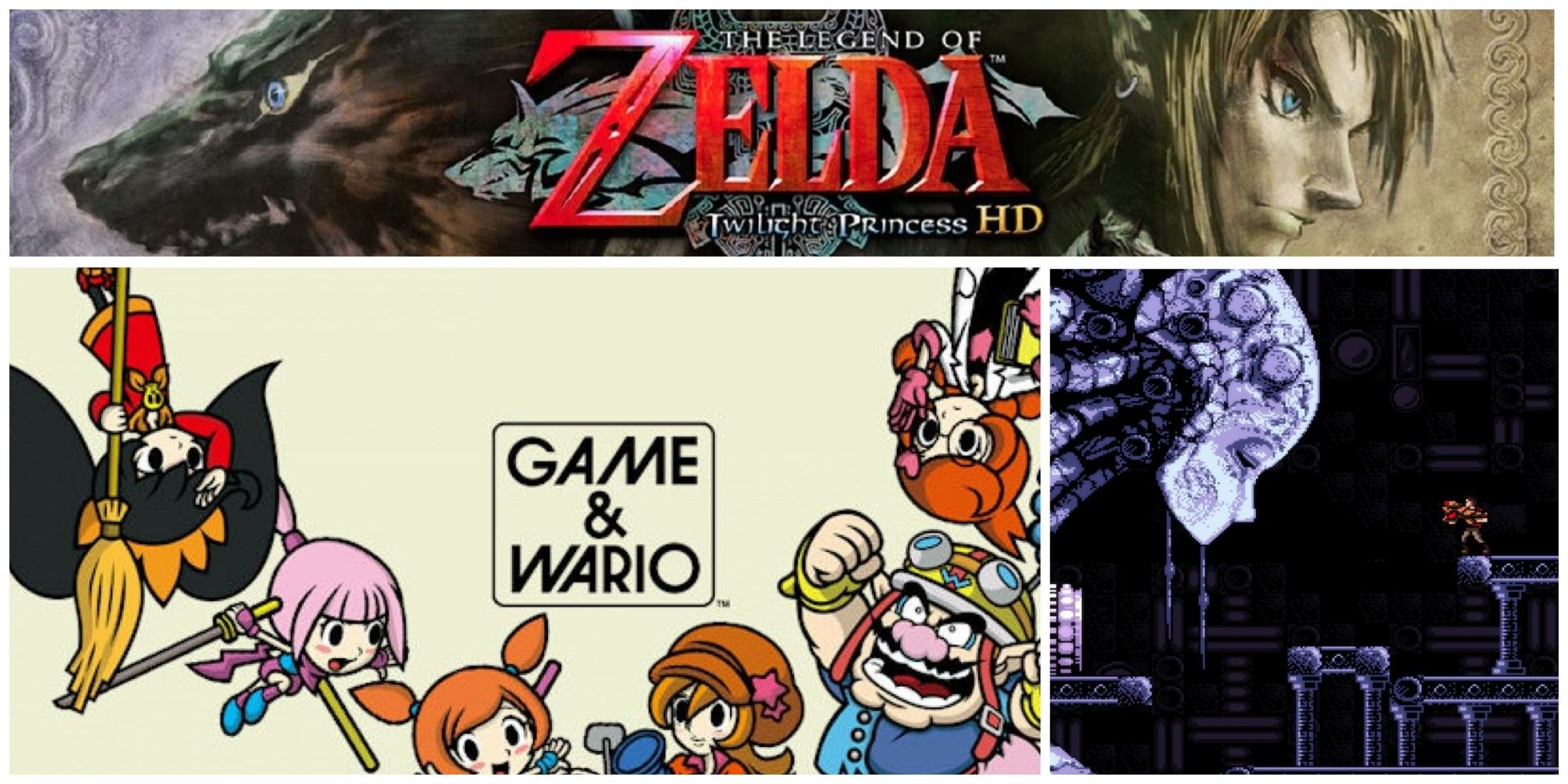 Top: The Legend of Zelda Twilight Princess banner bordered by wolf Link (left) and human Link (right). Bottom-left: The cast of Game & Wario. Bottom-right: A large cyborg head looking down at a human in Axiom Verge.