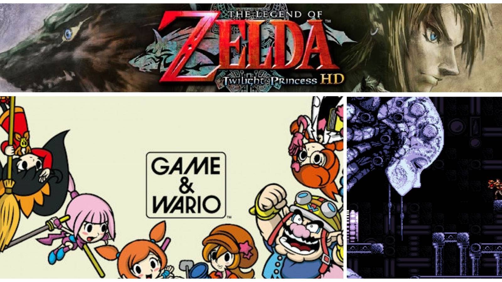 Top: The Legend of Zelda Twilight Princess banner bordered by wolf Link (left) and human Link (right). Bottom-left: The cast of Game & Wario. Bottom-right: A large cyborg head looking down at a human in Axiom Verge.