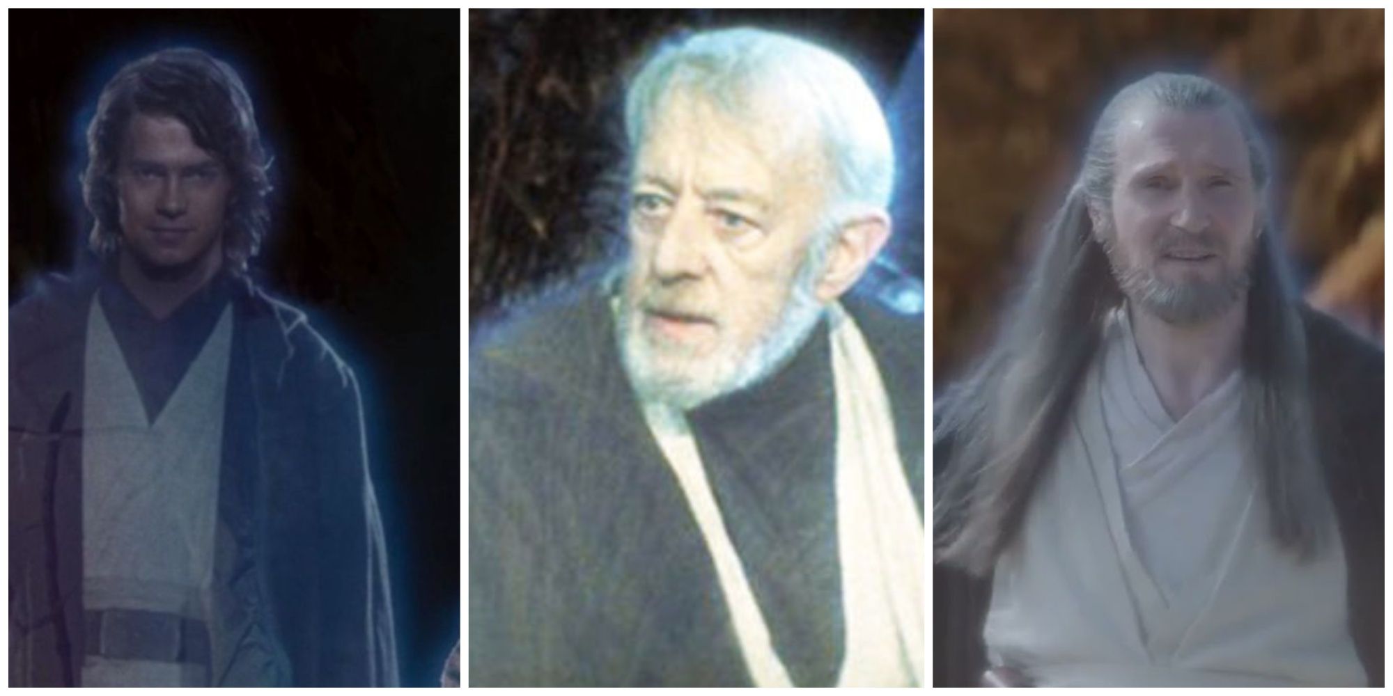 Split image showing Force ghosts of Anakin, Obi-Wan, and Qui-Gon.
