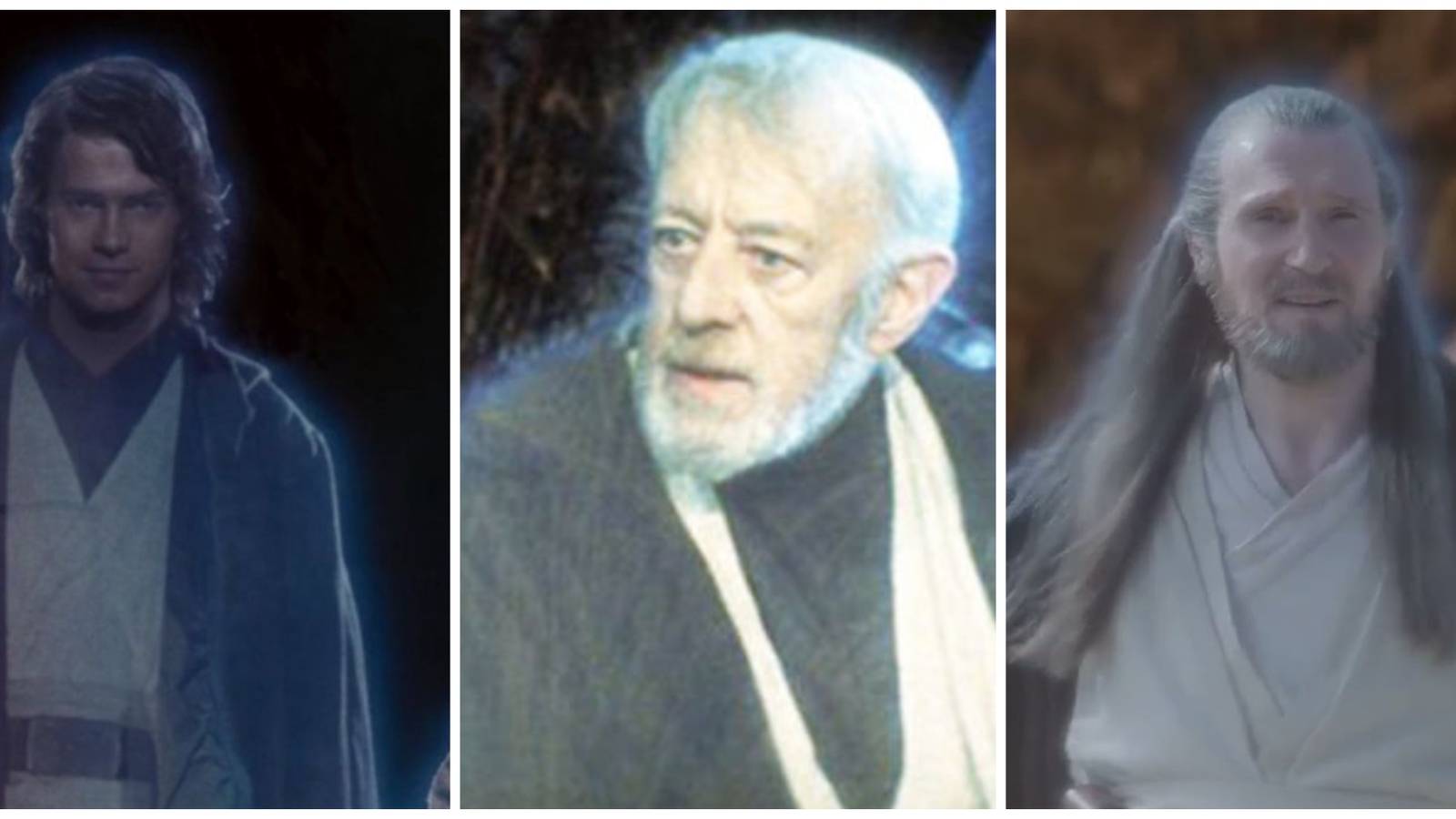 Split image showing Force ghosts of Anakin, Obi-Wan, and Qui-Gon.