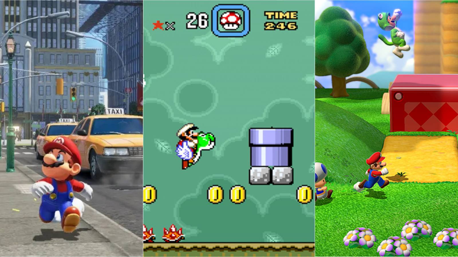 a 3-image collage of mario odyssey, world and 3d world