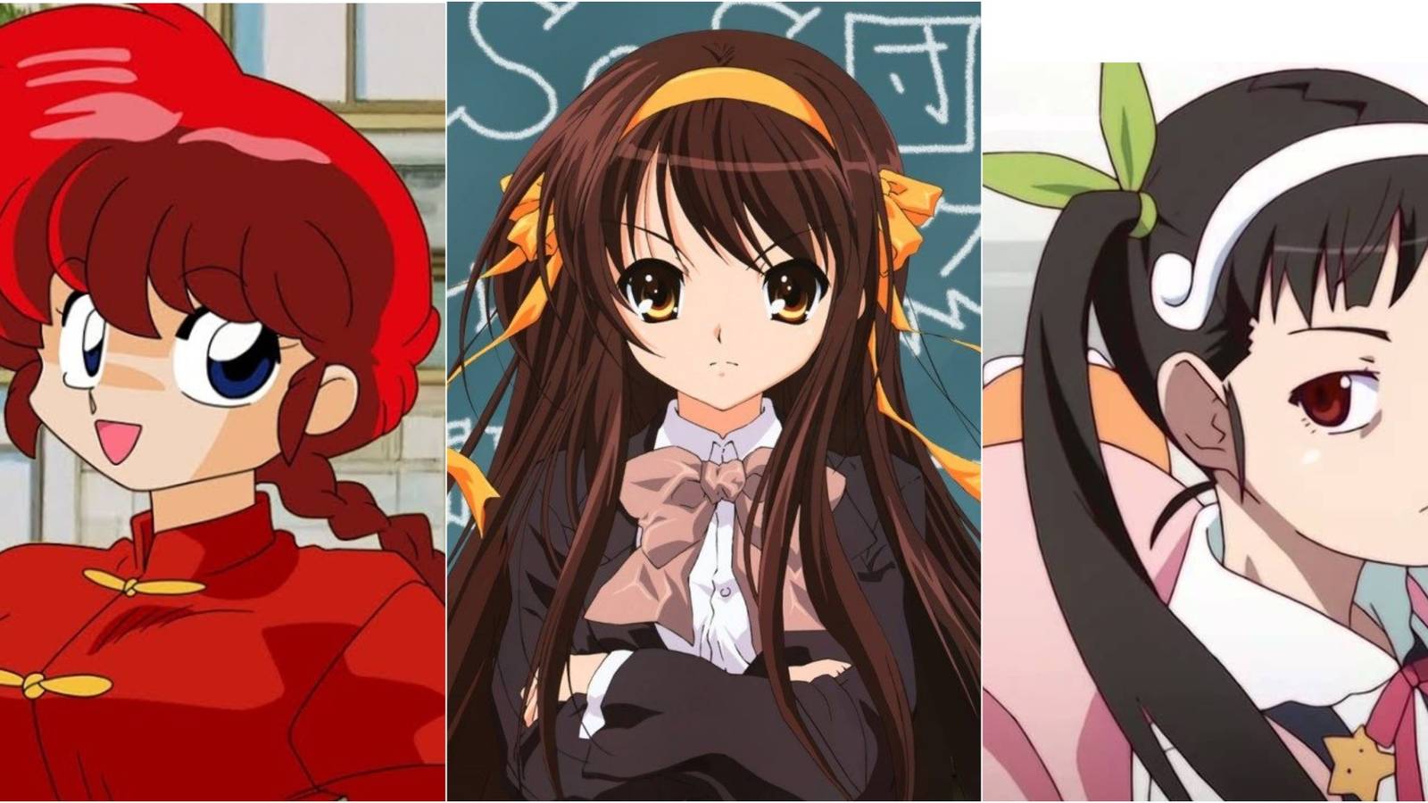A featured of Ranma Saotome (Ranma ½), Haruhi Suzumiya (The Melancholy of Haruhi Suzumiya), and Mayoi Hachikuji (Bakemonogatari)
