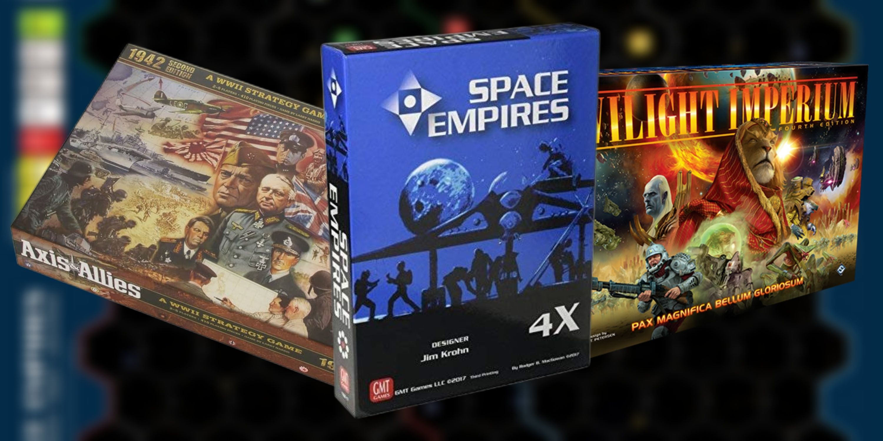 Best Grand Strategy Board Games (Featured Image) - Axis & Allies + Space Empires 4X + Twilight Imperium on Space Empires 4X blurred background