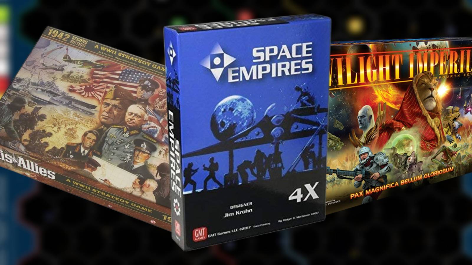 Best Grand Strategy Board Games (Featured Image) - Axis & Allies + Space Empires 4X + Twilight Imperium on Space Empires 4X blurred background