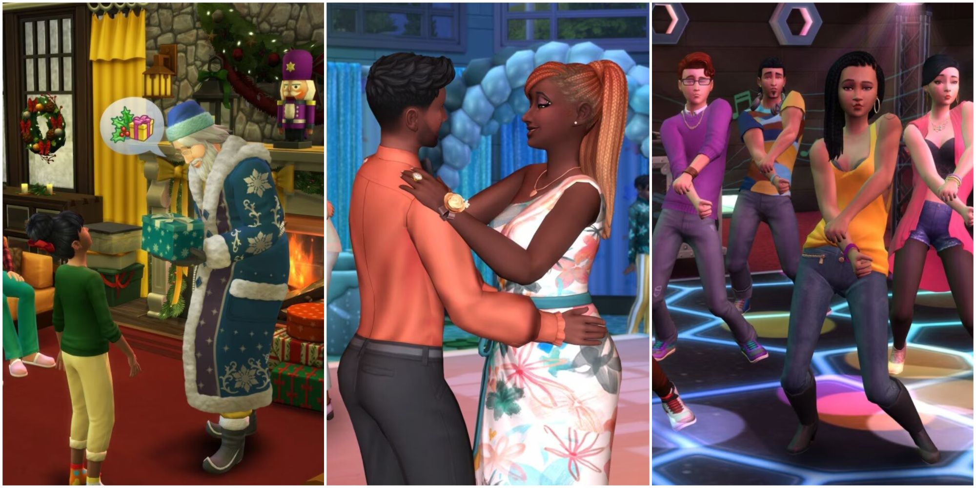 A split image showing three images of Sims, Father Winter giving a gift, a couple dancing at prom, and a group dancing in a nightclub