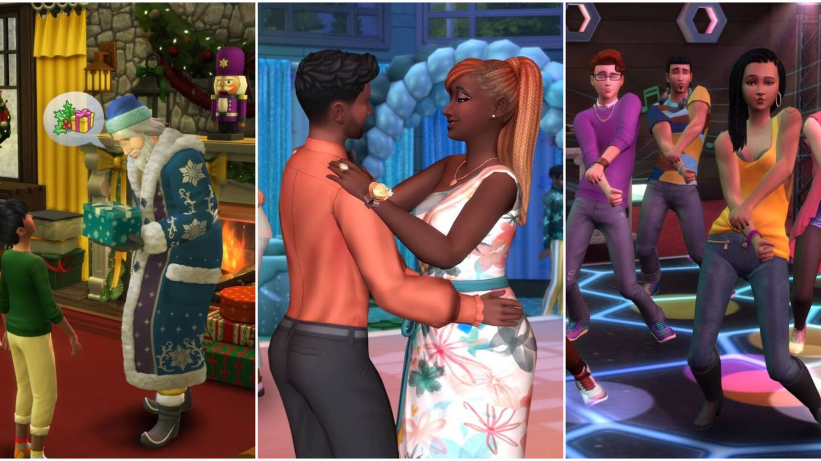 A split image showing three images of Sims, Father Winter giving a gift, a couple dancing at prom, and a group dancing in a nightclub