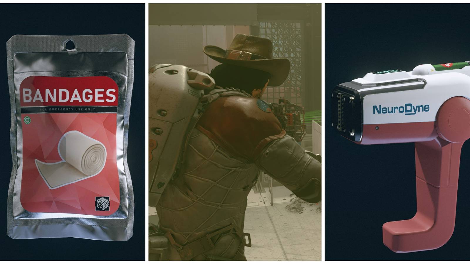 starfield player aiming a gun, bandages and panacea