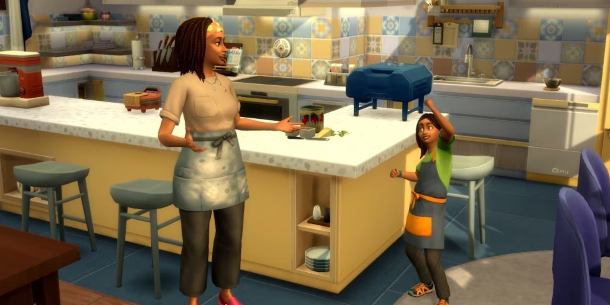 family cooking together in the sims