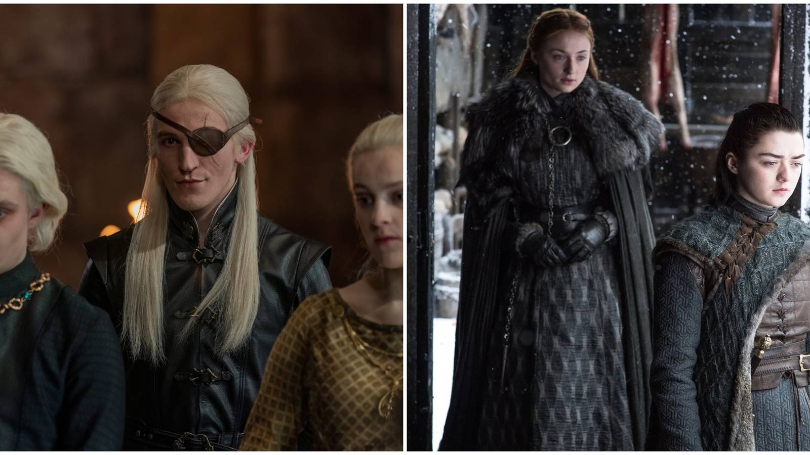 Split image showing Aegon Aemond and Helaena in House of the Dragon and Sansa and Arya Stark in Game of Thrones.