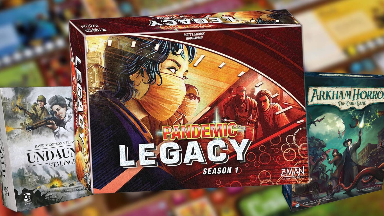 Best Multi-Session Board Games (Featured Image) - Undaunted: Stalingrad + Pandemic Legacy + Arkham Horror LCG + Oath: Chronicles Of Empire And Exile