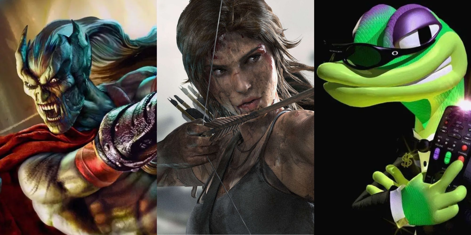 Kain, Lara Croft, and Gex next to one another in a collage 