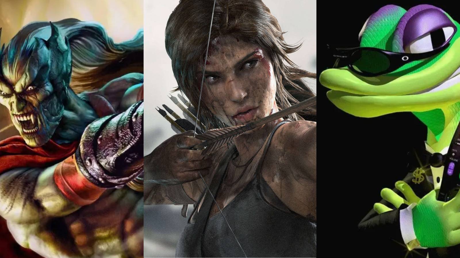 Kain, Lara Croft, and Gex next to one another in a collage 