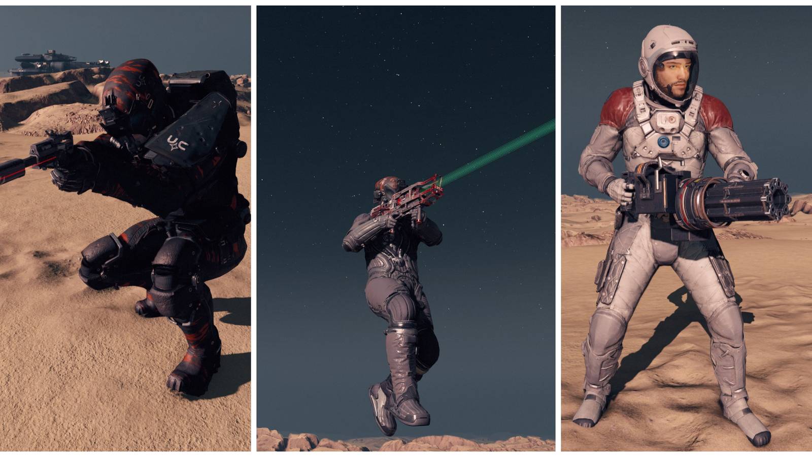 starfield player on earth with a shotgun, suppressor pistol and revenant rifle