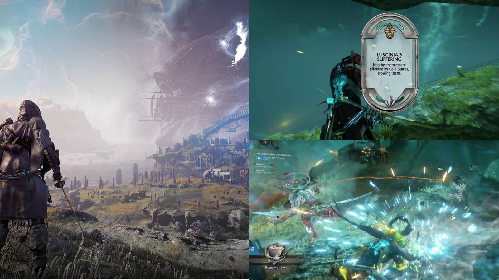 Warframe Duviri splash art, Luscinia's Suffering decree chosen, and heavy ground attack with Excalibur Umbra.