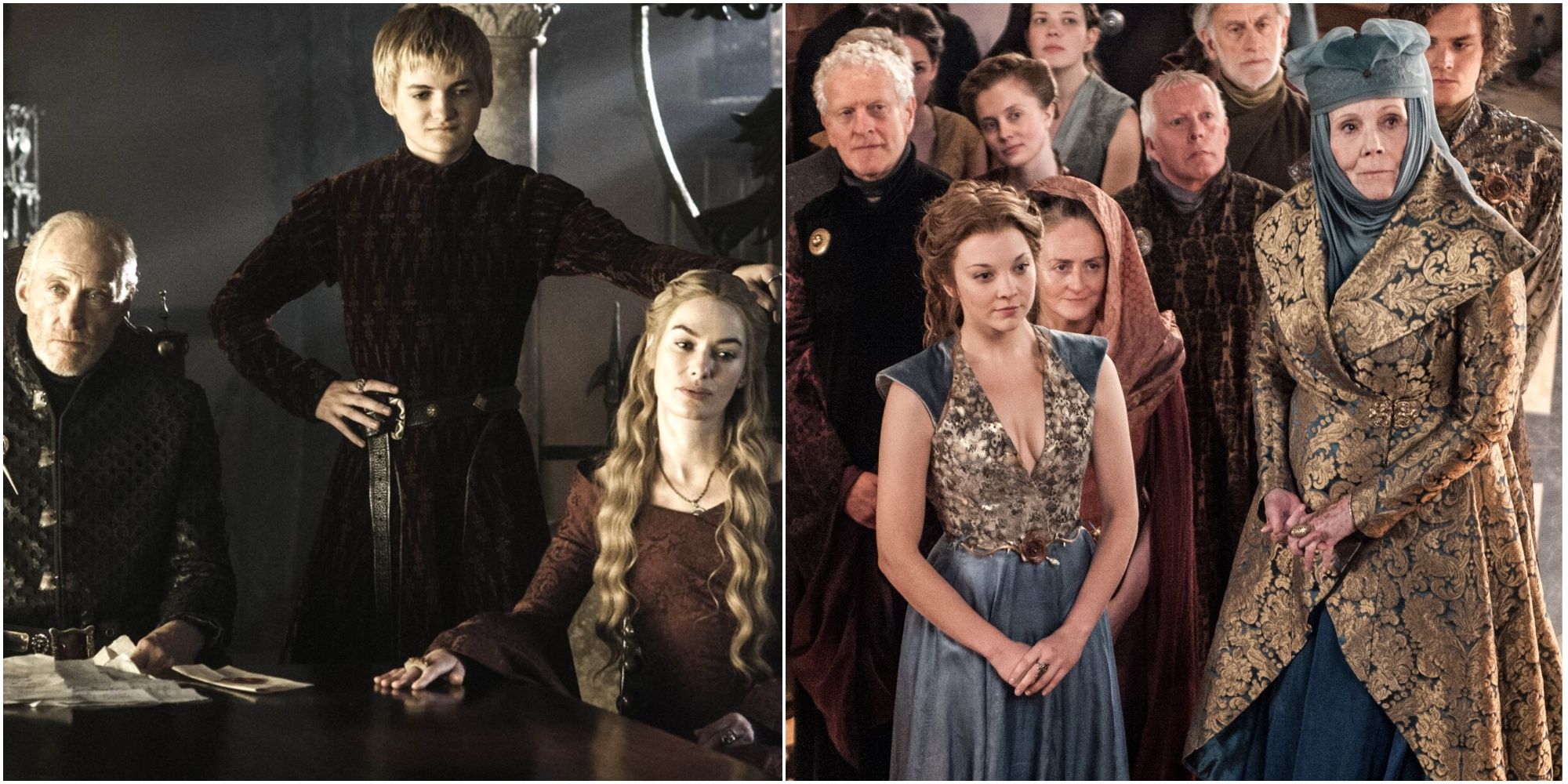 Split image of Tywin Lannister Joffrey Baratheon Cersei Lannister and Margaery Loras and Olenna Tyrell in Game of Thrones.