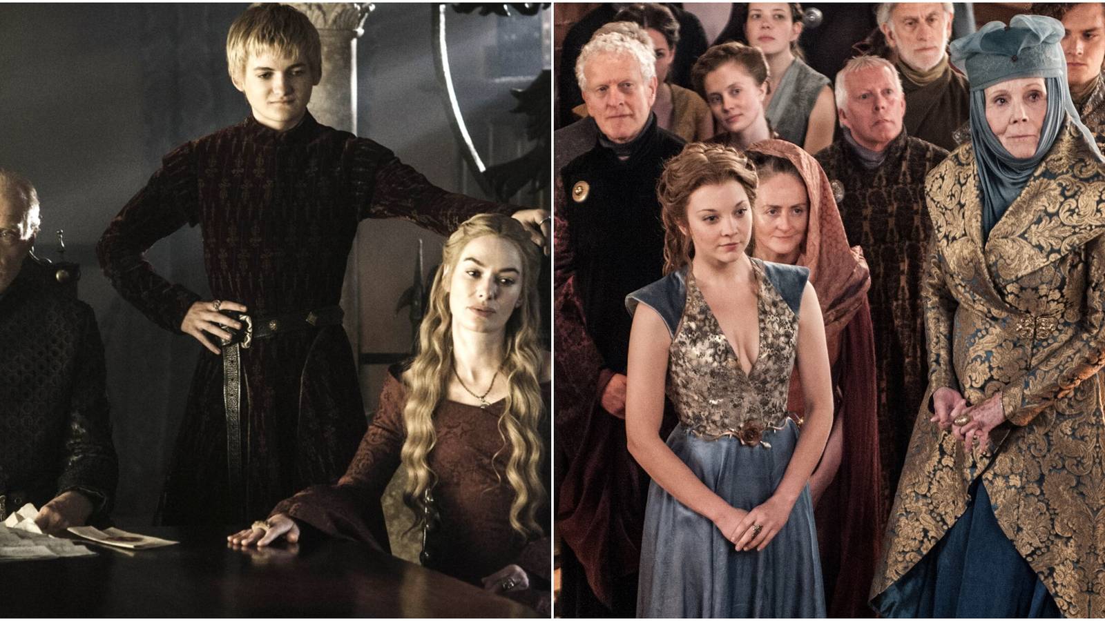 Split image of Tywin Lannister Joffrey Baratheon Cersei Lannister and Margaery Loras and Olenna Tyrell in Game of Thrones.
